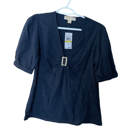 Michael Kors Navy Linen Blend Top M Puff Sleeves Buckle Detail - Picture 1 of 8